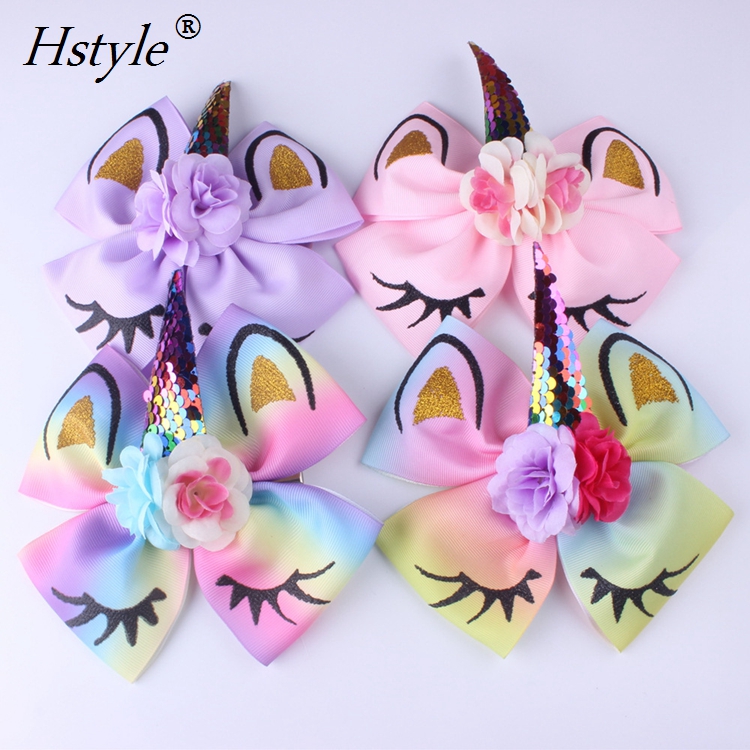 Оптовая и розничная продажа, Лидер продаж, милые банты для волос с блестками и единорогом FG200