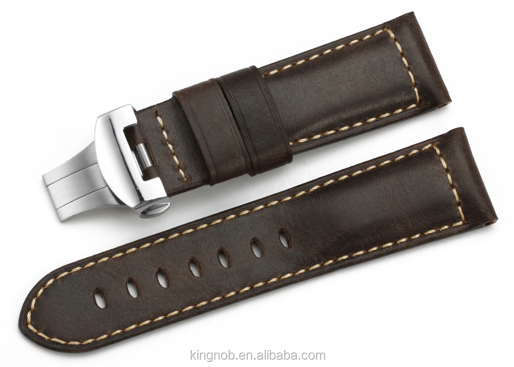 24mm Déploiement Fermoir Brun Foncé Rétro Cuir Véritable Bracelet De Montre