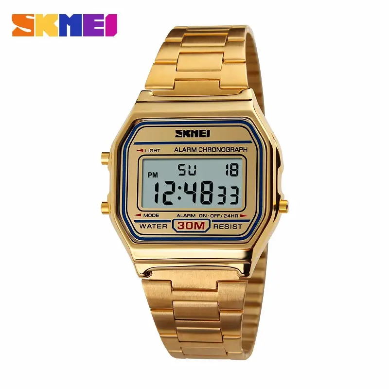 SKMEI 1123 Brand LED Casual Digital Watch Fashion Mens Gold Wrist Watch Stainless Steel Waterproof Sport Wristwatch