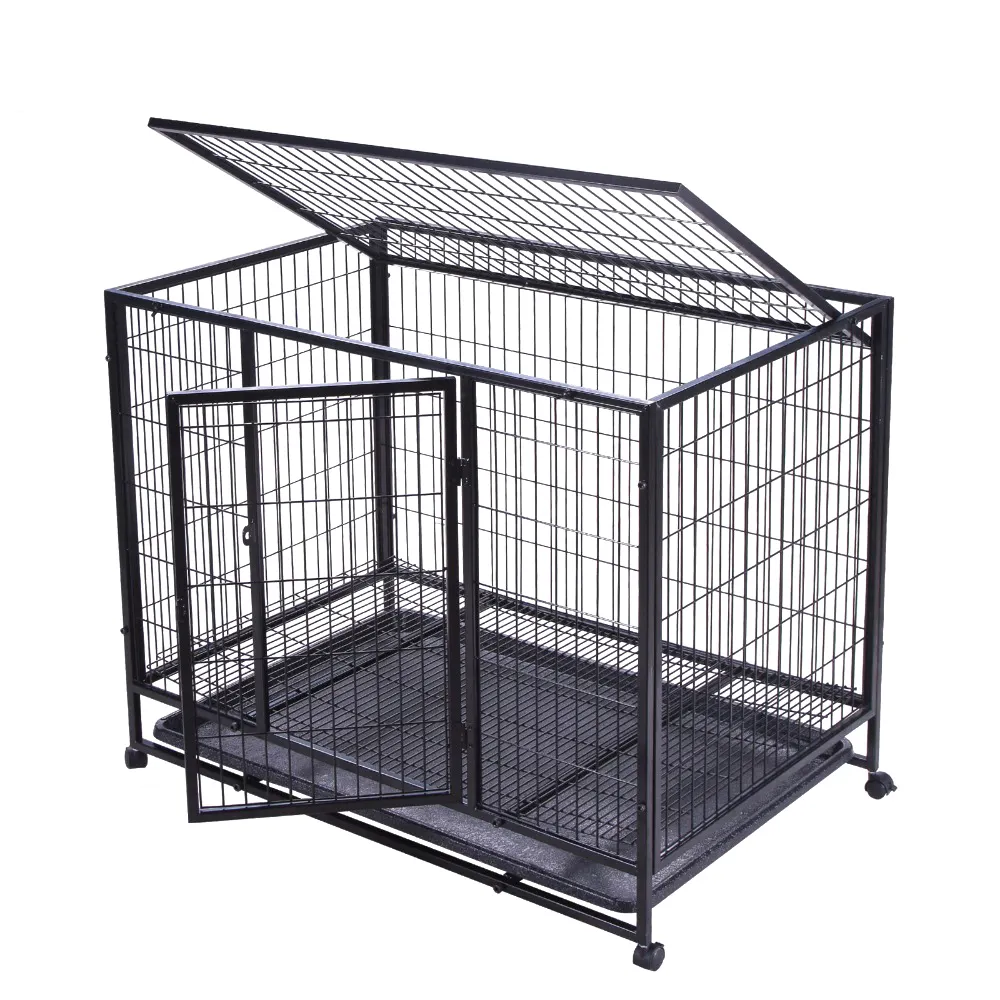 37" Dog Crate Kennel black Heavy Duty Pet Cage Playpen Tray Pan and Wheels