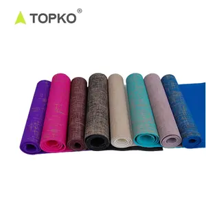 TOPKO Matras Yoga Linen PVC 6Mm, Matras Yoga Linen Lipat Wajar Motif Oem Promosi Alami Antiselip Ramah Lingkungan