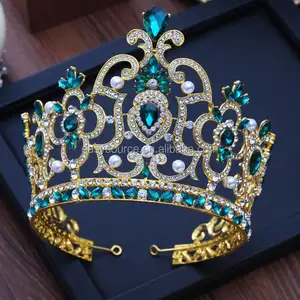 Groene kroon bruiloft hoge tiara en kroon parel haaraccessoires