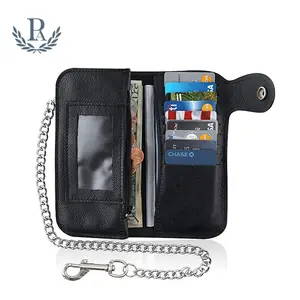 RFID 차단 망 가죽 바이 폴드 바이커 지갑 금속 체인 높은 보안 ID 창 트럭 지갑 블랙