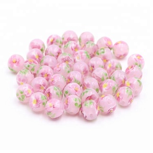 12mm <strong>Round</strong> Pink Floral Crystal Lampwork Glass Loose <strong>Beads</strong> for Jewelry Kits - Product Image 3