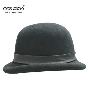 Main D'hiver 100% Laine Feutre Lady Plaine Chapeau Melon Avec Gris Bowknot - Product Image 2