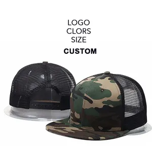 Hergestellt PU-Etikett Geprägter Druck Gesticktes Logo Günstiger Preis Grünes freundliches Material Benutzer definierte Camo Trucker Snapback Hat Cap