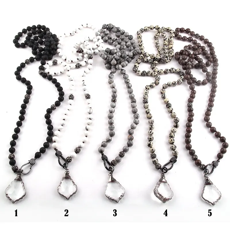 Women Jewelry 8mm long knotted Natural Stone Lava Necklace Black Gun Cubic Zircon lobster clasp Crystal Pendant Necklace