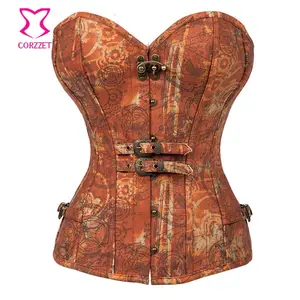 Corzzet Vintage Palace Brown Denim Overbust Steampunk Bodyshaper Gothic Steel Boning Firm Control Corset And Bustier With Button