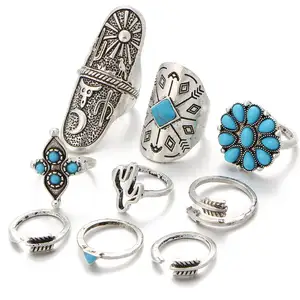 Artilady conjunto de anillo de joyería tribal de nueve piezas de estilo bohemio folk, juego de joyas de piedras preciosas Turquesa