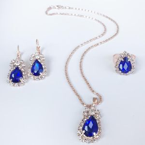 Conjunto de Joyería de Novia Económico de Dubái, Collar/Pendientes/Anillo de Princesa con Cristales Azules en Forma de Gota de Agua - Product Image 4