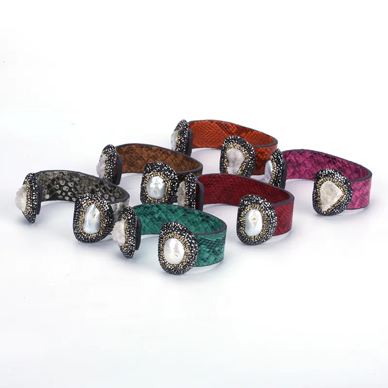 Groothandel Hoge Kwaliteit Snake Python Huid Open Bangle Armband, Verstelbare Natuursteen CZ Strass Mannen Lederen Manchet Armband