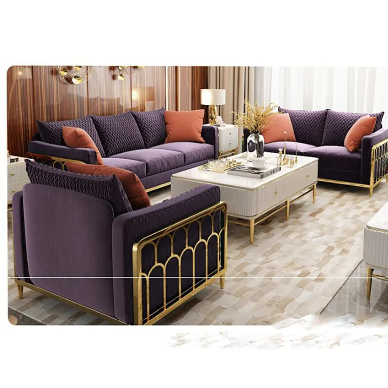 Fursarauxford — ensemble canapé de luxe moderne, couleur or, acier inoxydable, meuble de salon, violet, bleu, vert, tissu velours