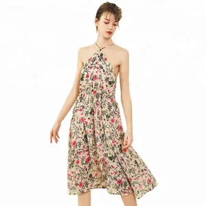 Hermosa impresión Midi Sexy sin espalda flujo larga de gasa Floral de las mujeres, correa de espagueti, Vestido de playa,