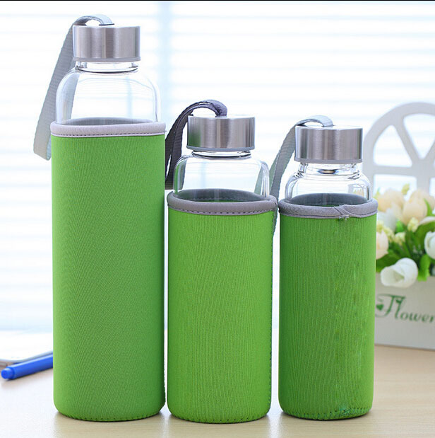 Haonai 18 oz Reusable Glass Water Bottle with Nylon Protective Sleeve and Carrying Loop,Stainless Steel lid