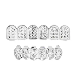 Hip Hop ฟัน Grillz โลหะวงเล็บ Rhinestone ปลอมวงเล็บฟัน Grills ฟันปลอม