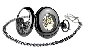 Montre <span class=keywords><strong>de</strong></span> poche mécanique steampunk pour homme, cadran bleu squelette antique avec chiffres romains, boîtier en alliage noir, remontage manuel, chaîne à breloque - Product Image 6