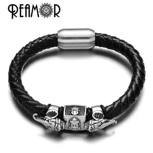 REAMOR Thailand Ganesha Buddhism 361L Stainless Steel Beads Genuine Leather Bracelet For Exoticism Design Bangle Jewelry