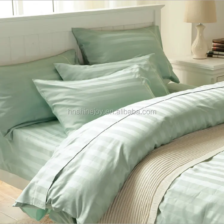 full size 100% cotton solid color light green 4pcs bedding set sateen stripe bed sheet set