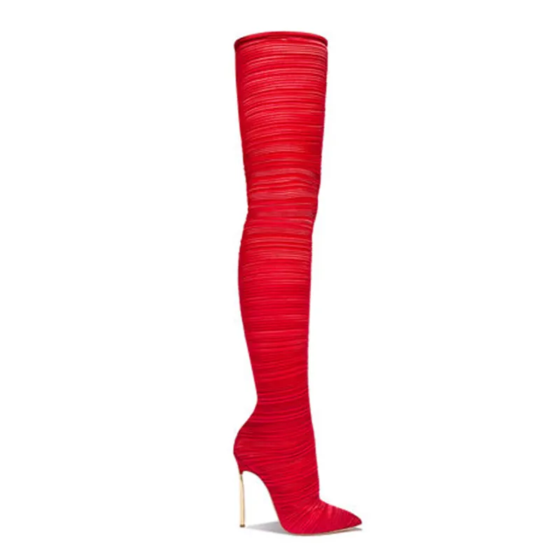 WETKISS-Botas por encima de la rodilla con punta puntiaguda para mujer, botines sexys de satén de tacón alto de aguja, botas altas hasta el muslo, elásticas