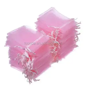 50 pembe organze çantalar 5x7 inç şeffaf kumaş düğün Favor çanta ile İpli Sheer takı çantaları logo ile