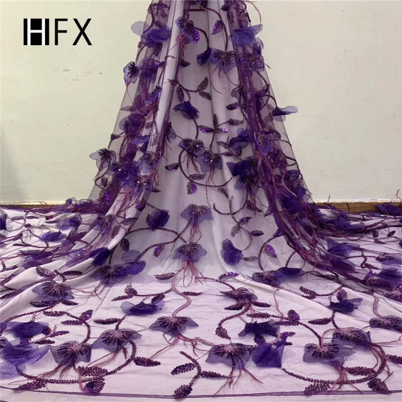 Lila 2019 High-End handgemachte Feder Pailletten Perlen 3d Blume Luxus Spitze Stoff Stickerei Stoff für die Hochzeit