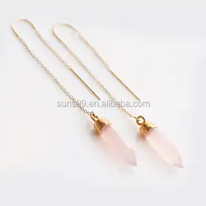 Pink Chalcedony Threader Earrings, 14k Gold Filled Gemstone Earring for Women