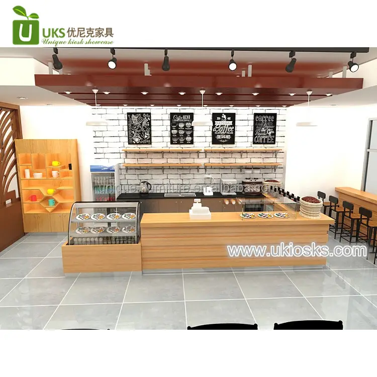 Comptoir de café en bois 2019, design vintage fait de vente au détail, intérieur de supermarché