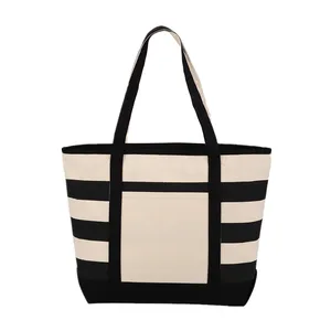 China Suppliers Hot Sell Stylish Stripe Large Zippered 10 oz Cotton Canvas Beach Tote Bag With Front Pocket