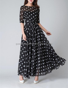 Maxi <span class=keywords><strong>abito</strong></span> in Chiffon a <span class=keywords><strong>pois</strong></span> bianco nero a <span class=keywords><strong>pois</strong></span> bianco elegante casual estivo da donna all'ingrosso 2022 - Product Image 4