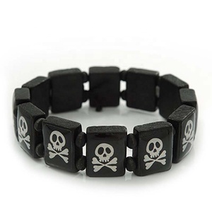 Bracciale nero quadrato con perline in legno, all'ingrosso, classico, flessibile, con icona '<span class=keywords><strong>Skull</strong></span> Crossbones', gioielli personalizzati per la raccolta fondi, regalo perfetto - Product Image 1