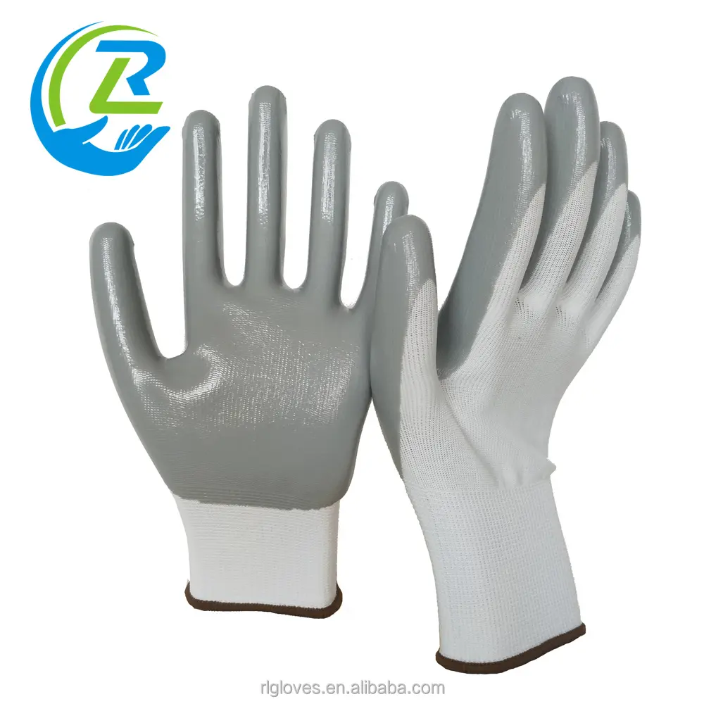 custom logo 13 gauge white nylon knitted liner coated gray smooth nitrile dipped handjob heavy duty work gloves