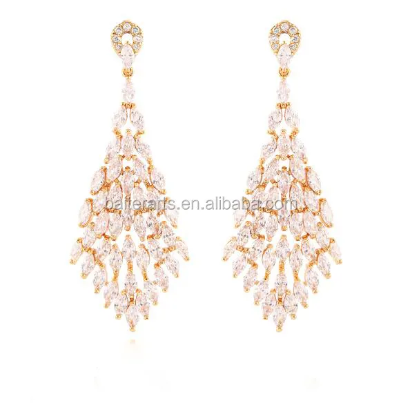 Luxury Bridal Jewelry Gold Plated 925 Sterling Silver Cubic Zirconia Marquise Cut CZ Diamond Chandelier Earrings