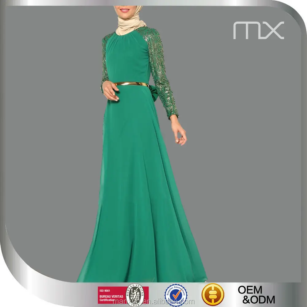 Golden Belted Evening Dress Green Long And Muslim Embroidery Clothes With Bowknot 2016