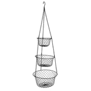 Kitchen Storage Black 3 Tier Hanging Metal Wire Mesh Fruit Basket