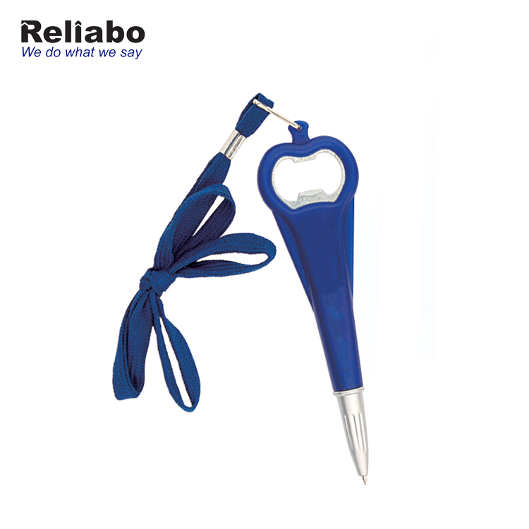 Reliabo Promotional Custom Logo Plastic 2 In 1 Multi Function Beer Bottle Opener Ball Pen With String