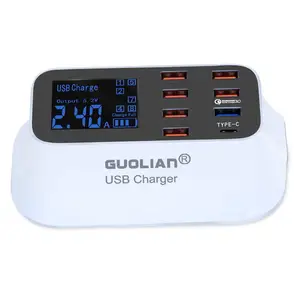 Chargeur USB Hub 8 ports, station de recharge avec USB de Type c, adaptateur de prise de voyage pour plusieurs ordinateurs, écran LCD