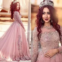 Best Selling Arabische Kralen Luxe Lange Staart Plus Size Prinses Puffy Moslim Blush Roze Lange Mouwen Trouwjurken MWA05