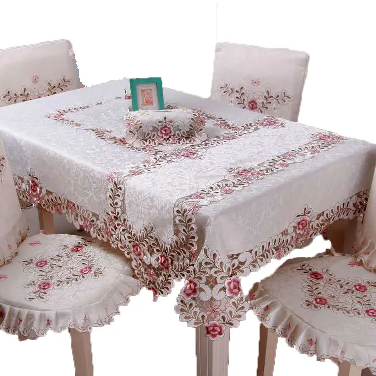 Groothandel Polyester Geborduurde Bloemen Rechthoekige Eettafel Stoel Cover Tafelkleed En Stoel Covers