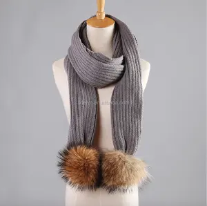 Winter Knit Scarf With Detachable Raccoon Fur Pom Poms UK Style Knitted Scarves