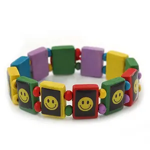 Personalized Bracelet Color Personality Custom Logo Jewelry Gift Wood Bangle Handmade Elasticated Wooden Smiley Face Icon Stretch Bracelet For Kids