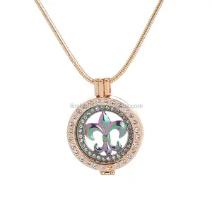 定制设计合金镀金双joux Fleur De Lis loating Locket 吊坠硬币持有人项链