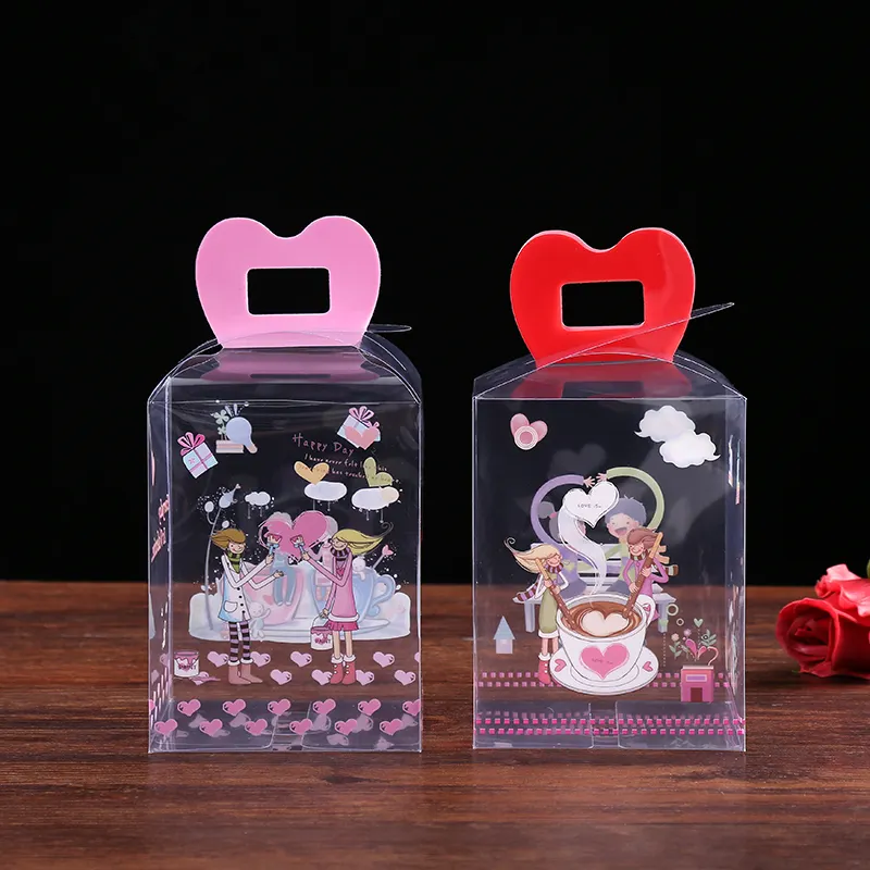 Personalizzato pieghevole scatola di imballaggio di plastica trasparente scatola trasparente regalo di giorno di san valentino con il cuore a forma di maniglia