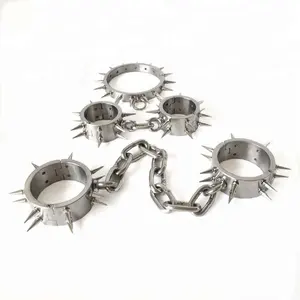 Spiked neck bondage collar handcuffs stainless steel metal restraints sex products slave bdsm adult games hand cuffs fetish toys