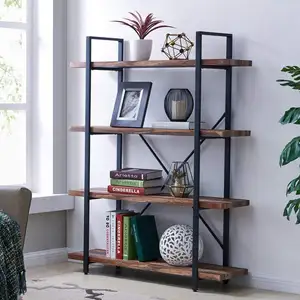 Bookcases Furniture for Collection Industrial Style Bookshelf, Wood and Metal Retro Brown Color 4-tier Bookshelf Bookcase Modern