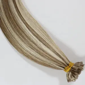 Cabello castaño con reflejos rubios Punta plana Pegamento de queratina italiano Extensiones de cabello humano preadheridas