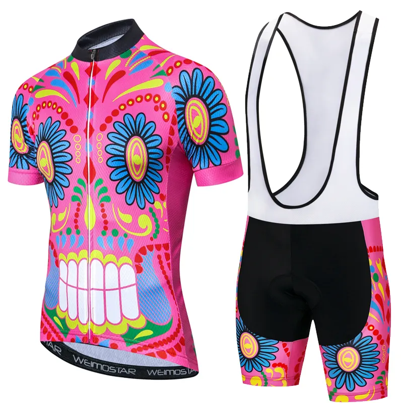 Men Short Sleeve Bike Clothes Uniforms MTB Road Cycling JerseyとBib Shorts Set Skull Breathable