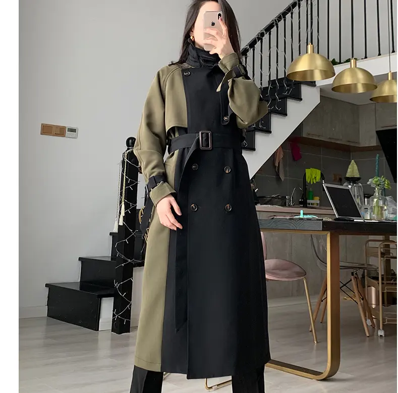 Brand famous Color black Long trench coat wide lapel trench overcoats