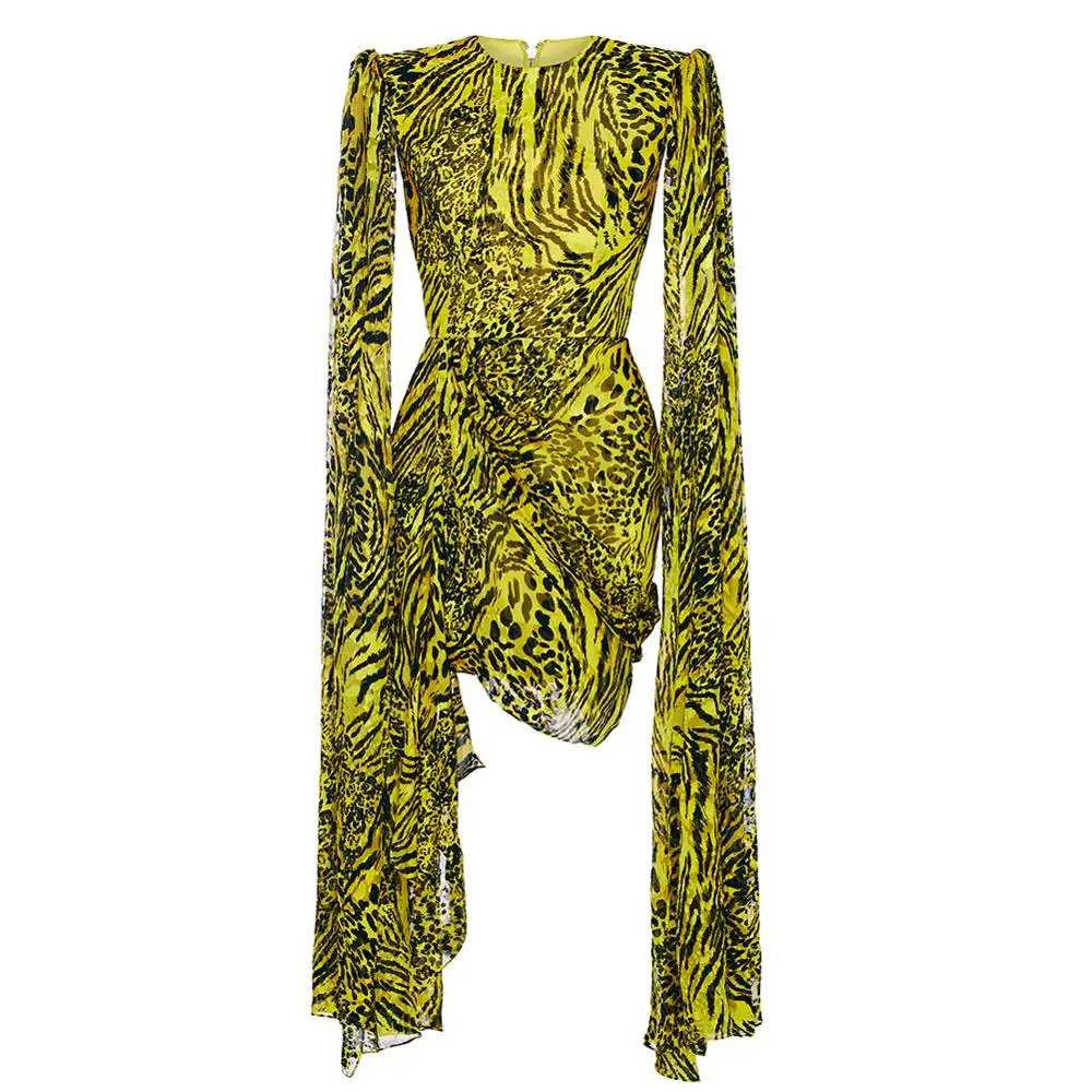 नीयन ग्रीन लंबी आस्तीन तेंदुए प्रिंट शिफॉन फैशन मिनी पोशाक महिलाओं ग्रीष्मकालीन कपड़े पार्टी के कपड़े के साथ विषम हेम