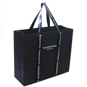 Custom size personalized different types clothing paper bags with satin ribbon, prime branded packing paper bag