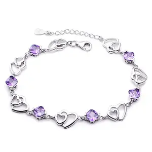 Paars Kristal Dubbele Hart Armband zilveren armband voor meisjes